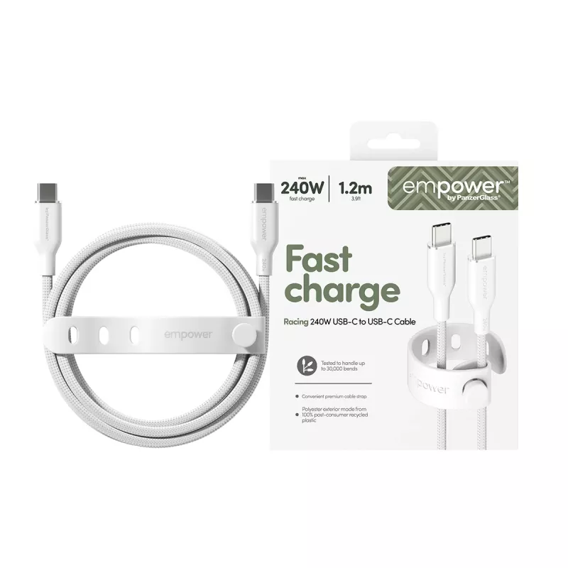 PanzerGlass empower™ by ® Racing cable USB-C a USB-C 240W | USB 2.0 | 1,2 m | blanco plateado