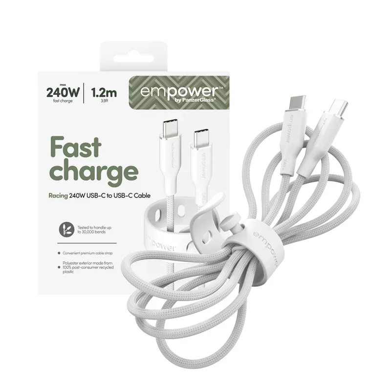 PanzerGlass empower™ by ® Racing cable USB-C a USB-C 240W | USB 2.0 | 1,2 m | blanco plateado