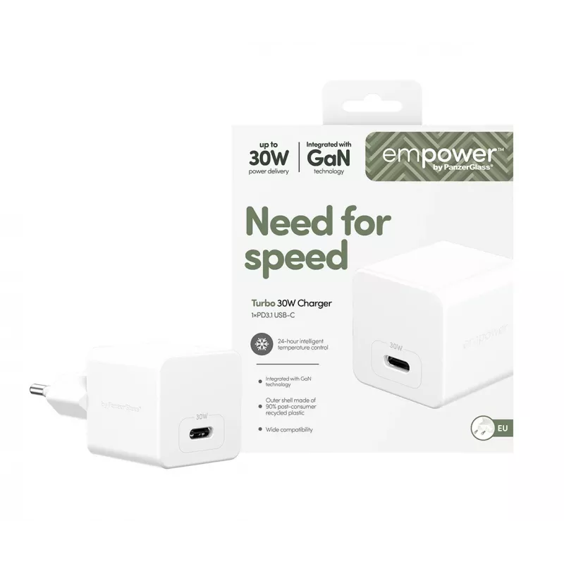 PanzerGlass empower™ by ® Cargador Turbo 30W USB-C único | Enchufe EU | Blanco plateado