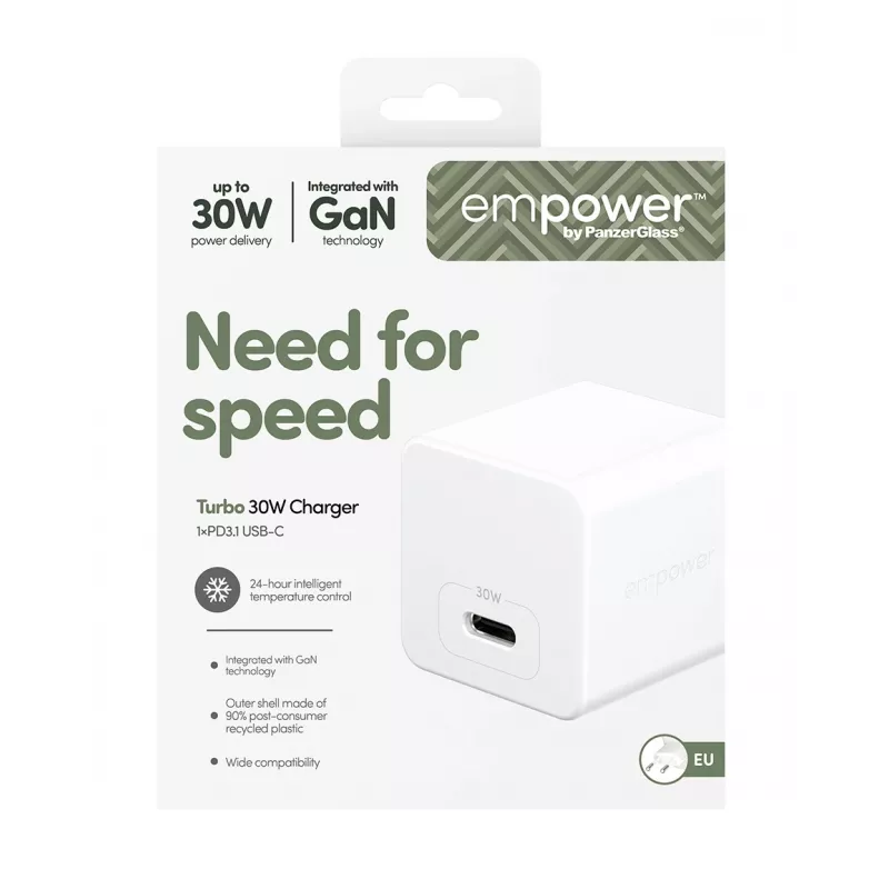 PanzerGlass empower™ by ® Cargador Turbo 30W USB-C único | Enchufe EU | Blanco plateado