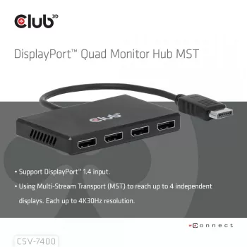 CLUB3D Hub Quad DisplayPort™ – 4 x resolución 4K @ 30Hz, compatibilidad MST