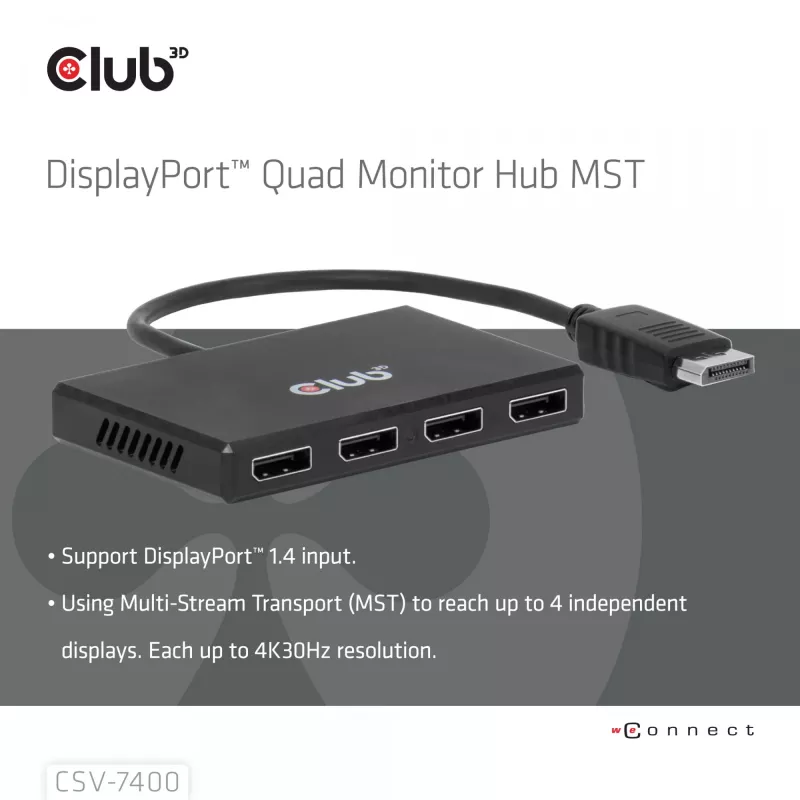 CLUB3D Hub Quad DisplayPort™ – 4 x resolución 4K @ 30Hz, compatibilidad MST