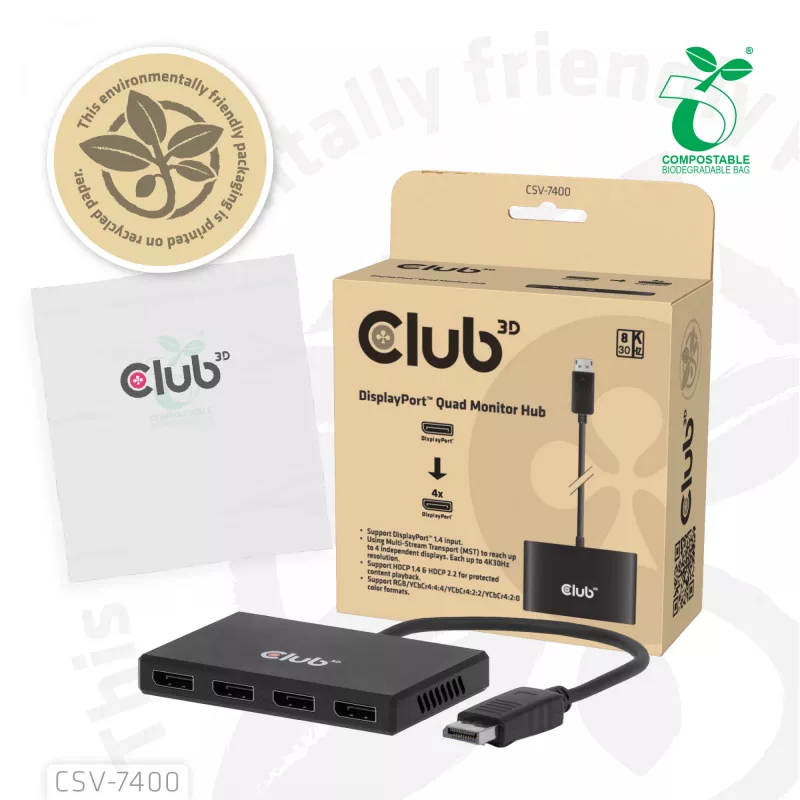 CLUB3D Hub Quad DisplayPort™ – 4 x resolución 4K @ 30Hz, compatibilidad MST
