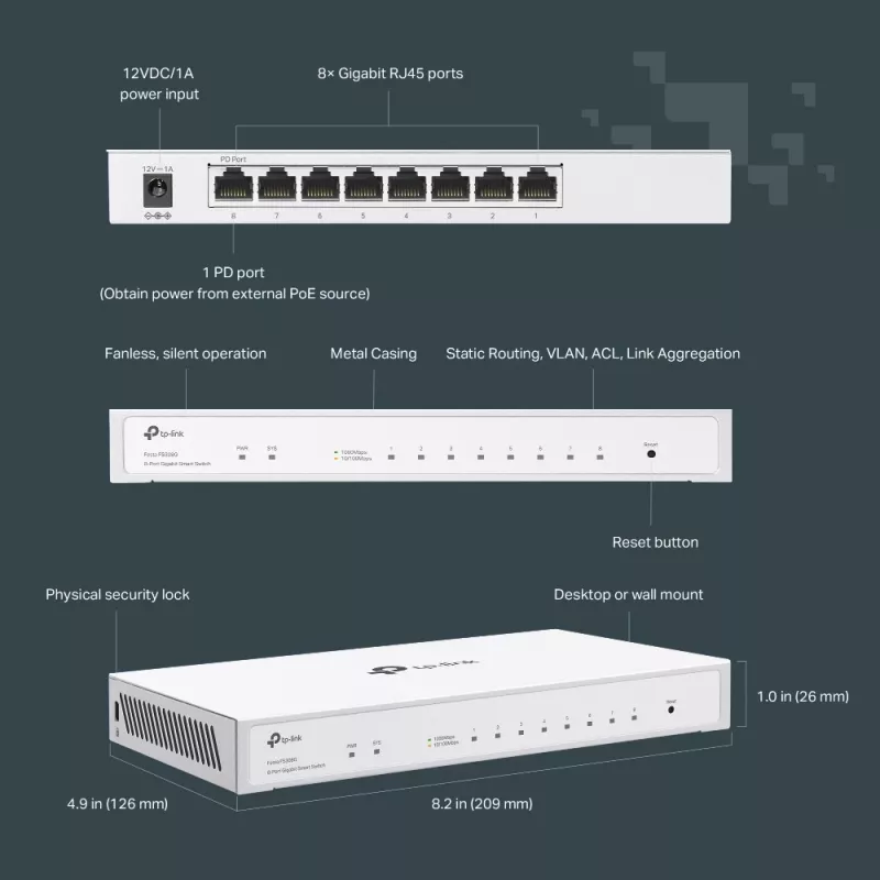 Switch gestionable TP-Link Festa FS308G, 8 puertos Gigabit, L2/L2+, blanco