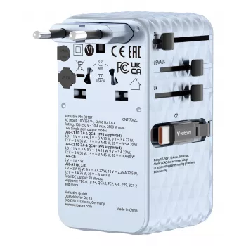 Adaptador de viaje universal Verbatim Charge 'n' Travel 70W 2C retráctil azul