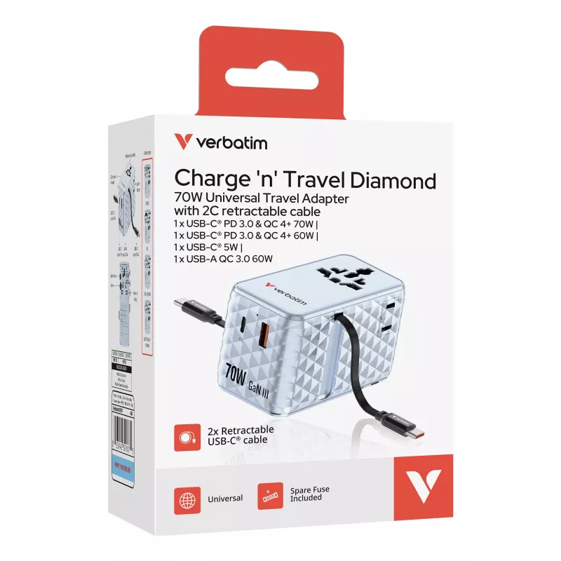 Adaptador de viaje universal Verbatim Charge 'n' Travel 70W 2C retráctil azul