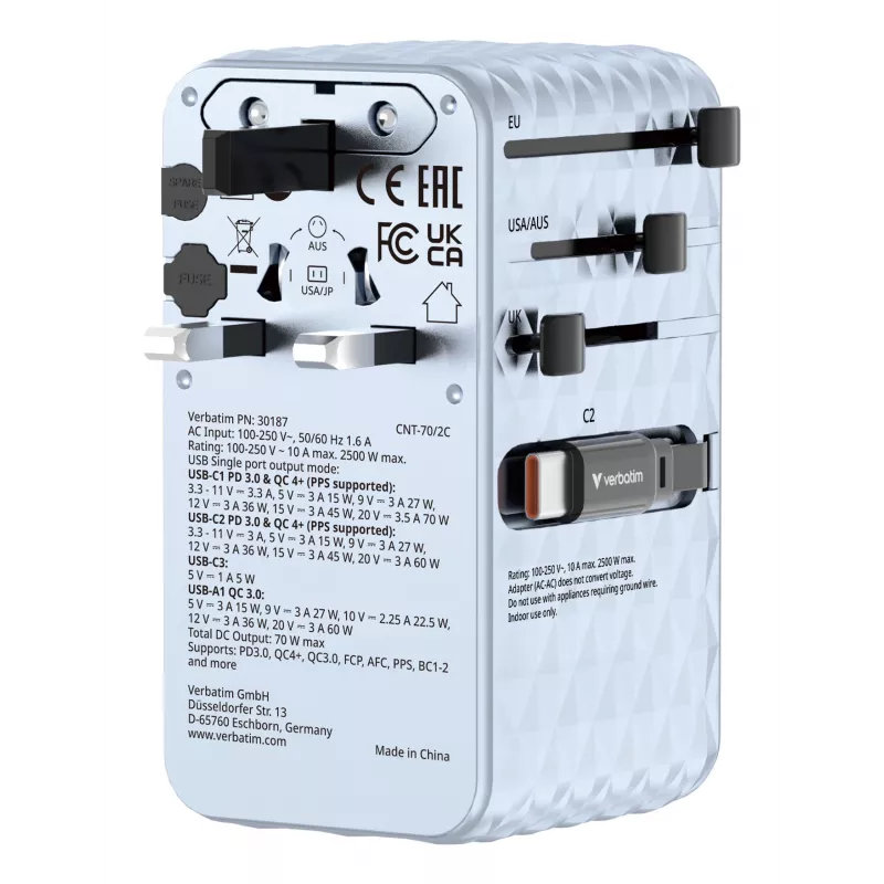 Adaptador de viaje universal Verbatim Charge 'n' Travel 70W 2C retráctil azul