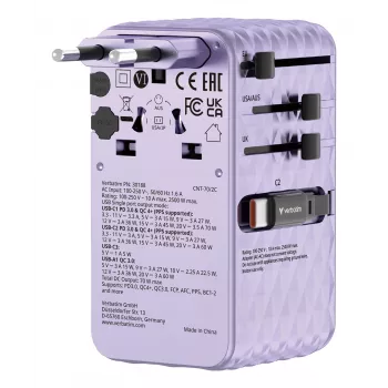 Adaptador de viaje universal Verbatim Charge 'n' Travel 70W 2C retráctil morado