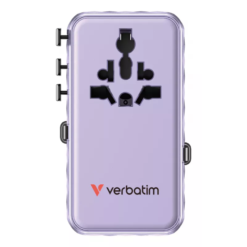 Adaptador de viaje universal Verbatim Charge 'n' Travel 70W 2C retráctil morado