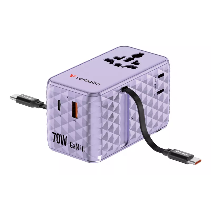 Adaptador de viaje universal Verbatim Charge 'n' Travel 70W 2C retráctil morado