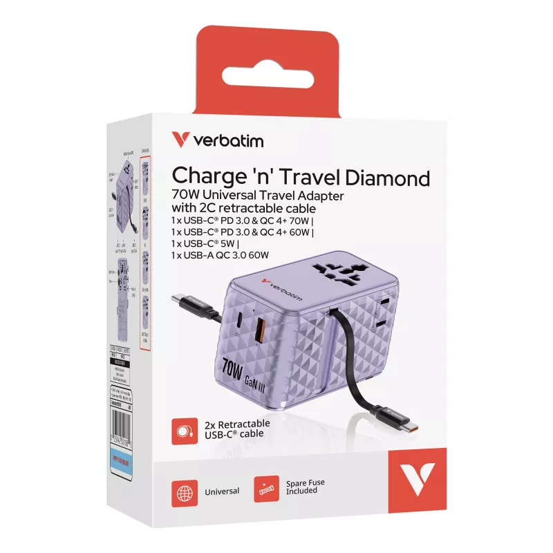 Adaptador de viaje universal Verbatim Charge 'n' Travel 70W 2C retráctil morado