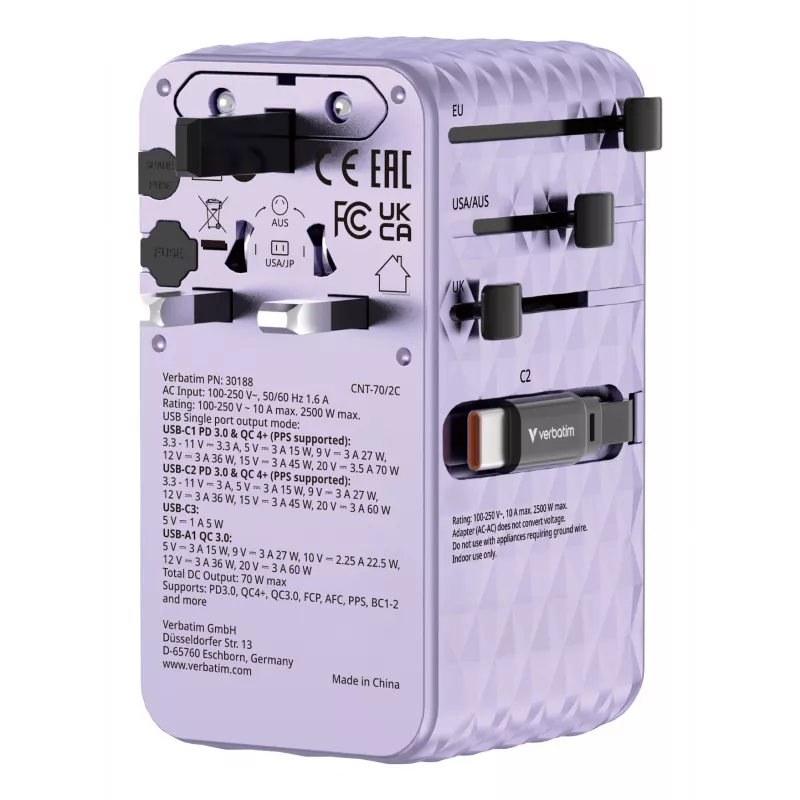 Adaptador de viaje universal Verbatim Charge 'n' Travel 70W 2C retráctil morado