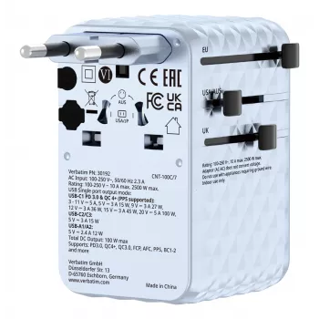 Adaptador de viaje universal Verbatim Charge 'n' Travel 100W con cable retráctil azul