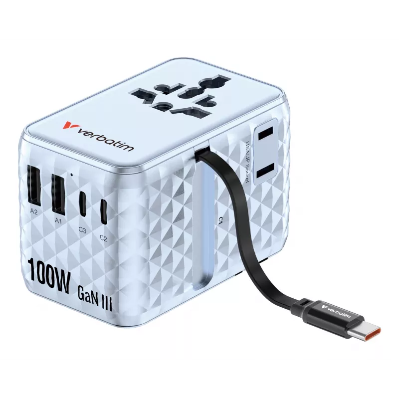 Adaptador de viaje universal Verbatim Charge 'n' Travel 100W con cable retráctil azul