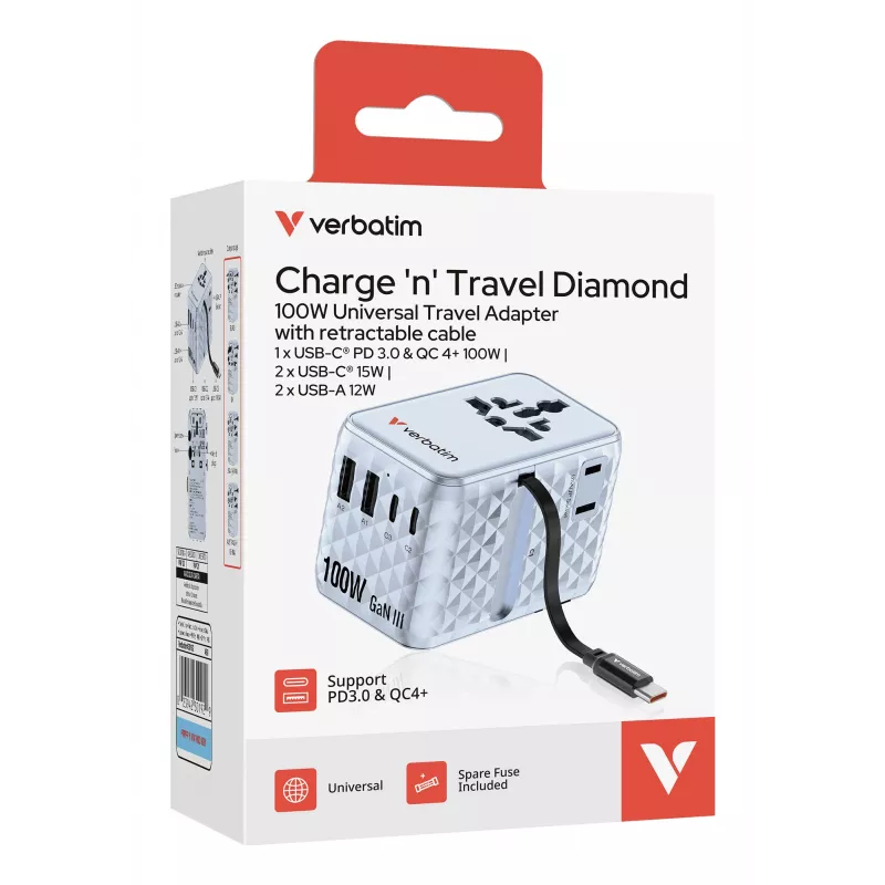 Adaptador de viaje universal Verbatim Charge 'n' Travel 100W con cable retráctil azul