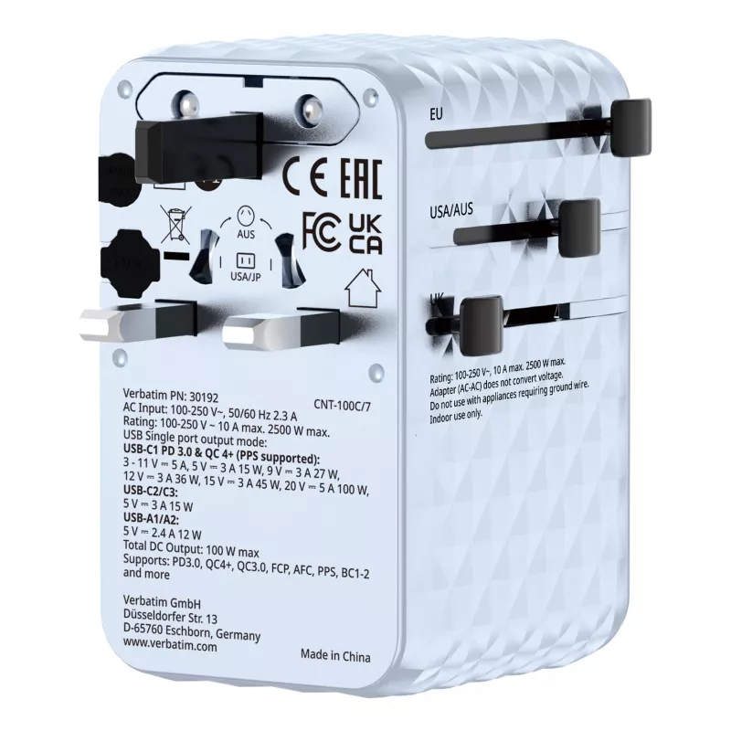Adaptador de viaje universal Verbatim Charge 'n' Travel 100W con cable retráctil azul