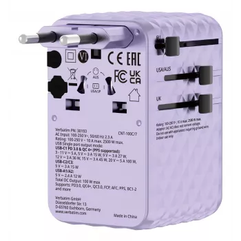 Adaptador de viaje universal Verbatim Charge 'n' Travel 100W con cable retráctil lila
