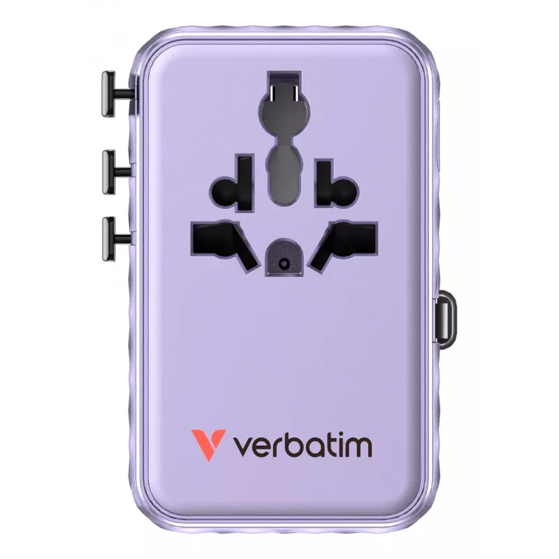 Adaptador de viaje universal Verbatim Charge 'n' Travel 100W con cable retráctil lila