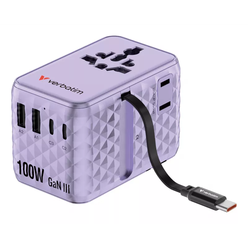 Adaptador de viaje universal Verbatim Charge 'n' Travel 100W con cable retráctil lila