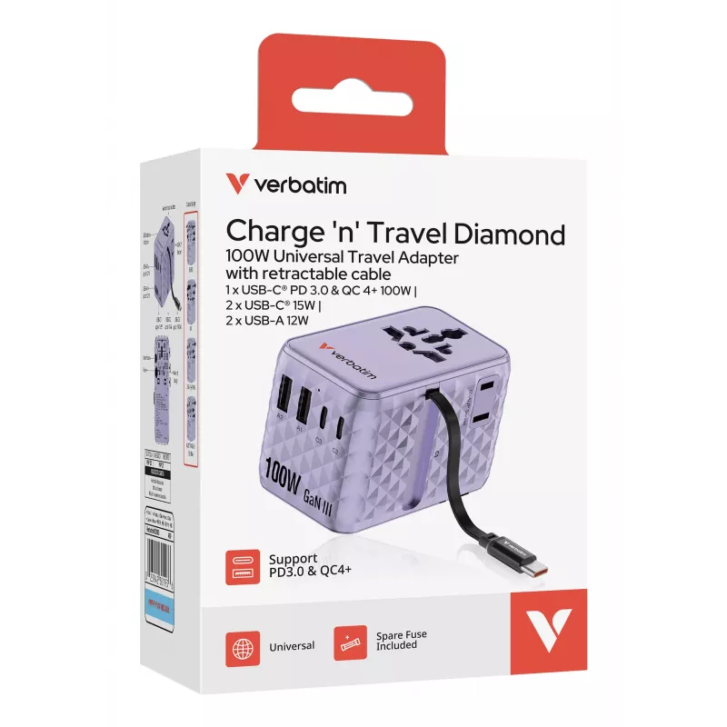 Adaptador de viaje universal Verbatim Charge 'n' Travel 100W con cable retráctil lila