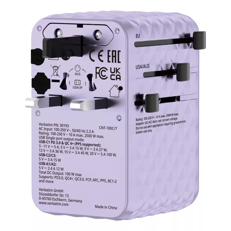 Adaptador de viaje universal Verbatim Charge 'n' Travel 100W con cable retráctil lila