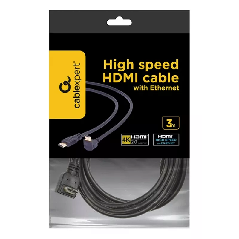 Cable HDMI de alta velocidad con Ethernet GEMBIRD, conector acodado 90 grados hacia arriba, 3 m