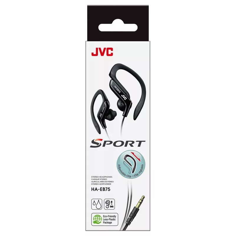 JVC HA-EB75-B-E auriculares deportivos intraurales con clip, con cable 3,5 mm, resistentes a salpicaduras, 16–20000 Hz, cable de 1,2 m, negros