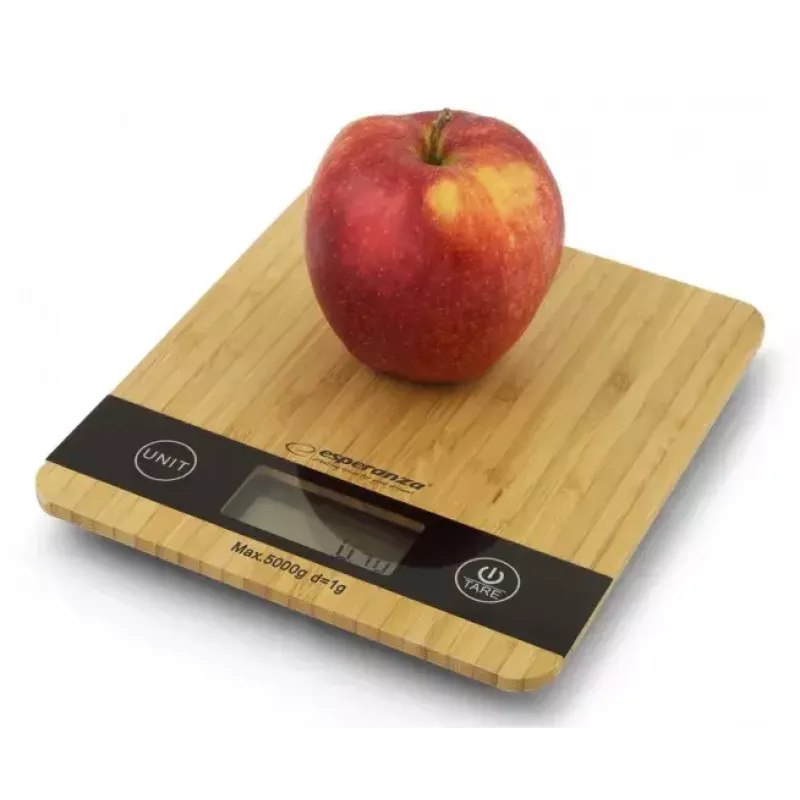 Báscula de cocina electrónica ESPERANZA EKS005 — capacidad de 5 kg, precisión de 1 g, plataforma de bambú