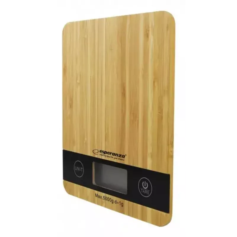 Báscula de cocina electrónica ESPERANZA EKS005 — capacidad de 5 kg, precisión de 1 g, plataforma de bambú