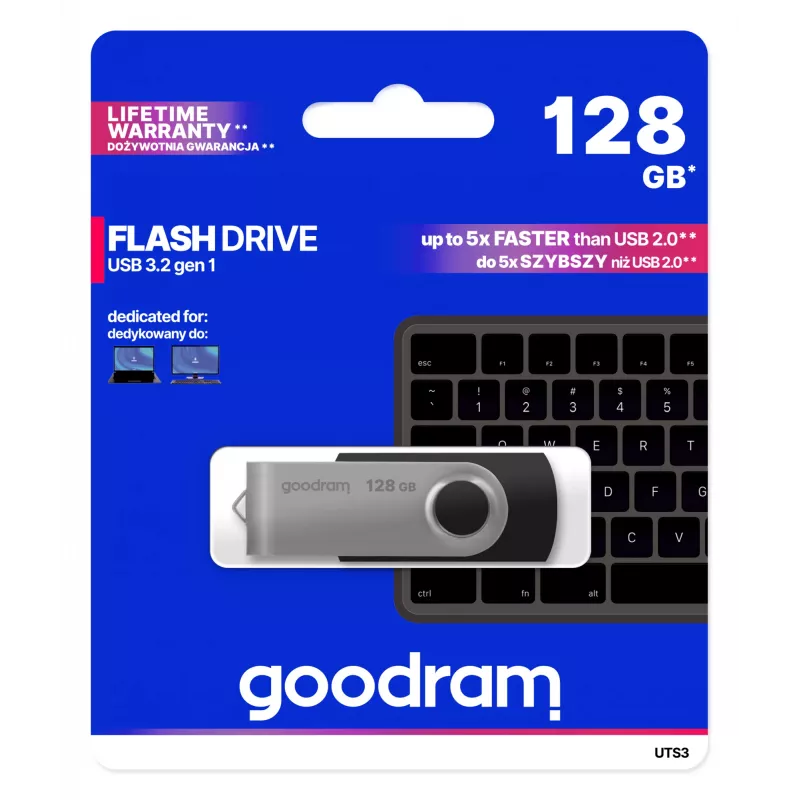 Memoria USB GOODRAM UTS3 128 GB USB Type-A 3.2 Gen 1, negra, 60 MB/s lectura, 20 MB/s escritura