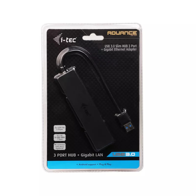 i-tec Advance USB 3.0 hub fino 3 puertos adaptador Gigabit Ethernet negro