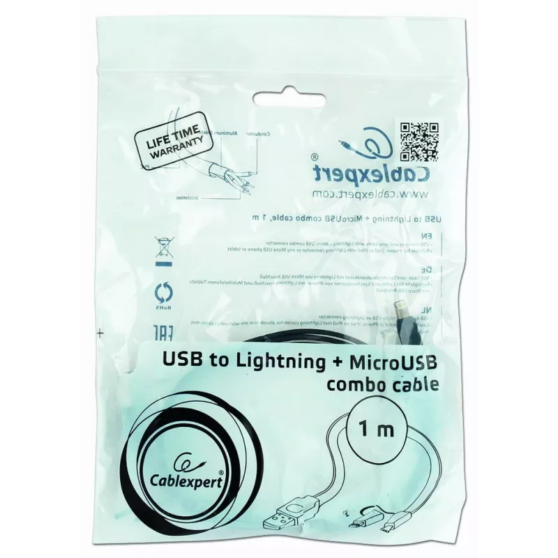 GEMBIRD cable combinado de carga USB a Apple Lightning y Micro-USB de 1 m - negro