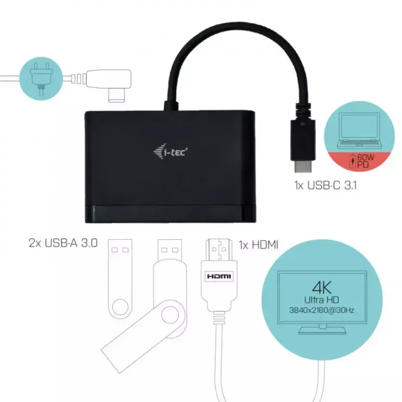 Adaptador de viaje USB-C a HDMI ITEC i-tec USB C HDMI PD/datos – negro, chipset RTS5403/RTS5404/RTS5411/PS176, 90×58×14 mm