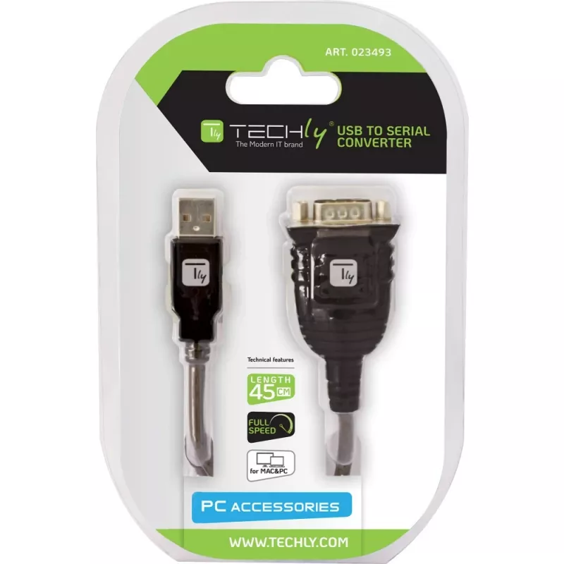 Adaptador USB a serie Techly IDATA USB-SER-2T, conector macho USB-A a conector macho DB-9, 0,45 m, blanco transparente