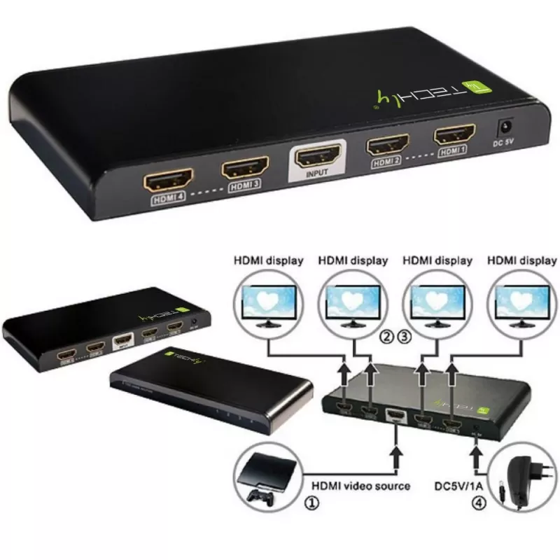 Techly IDATA HDMI-4K4 splitter HDMI 1x4, 4K x 2K (3840 x 2160), 3D, 36 bits, negro