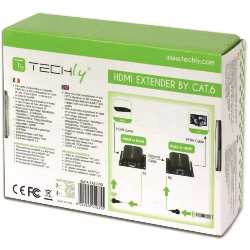 Extensor HDMI Full HD Techly por cable Cat.5E / 6 / 6A / 7 máx. 60 m autorregulado IDATA EXT-E70I