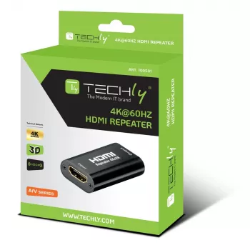 Repetidor AV TECHLY IDATA-HDMI2-RIP4KT — HDMI 2.0, HDCP 2.2, 4096×2160, distancia máxima 40 m, negro