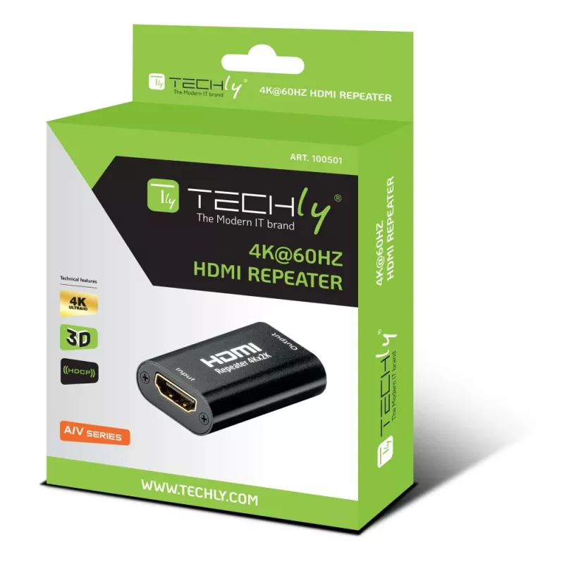 Repetidor AV TECHLY IDATA-HDMI2-RIP4KT — HDMI 2.0, HDCP 2.2, 4096×2160, distancia máxima 40 m, negro