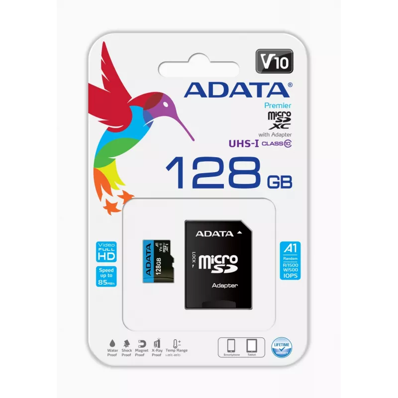 Memoria flash microSDXC ADATA 128 GB UHS‑I Class 10 — 85 MB/s lectura, 25 MB/s escritura, resistente al agua, con adaptador SD