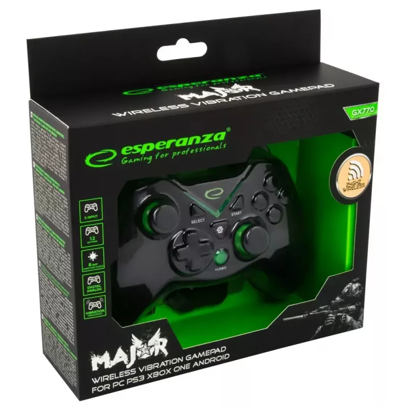 Mando de juegos inalámbrico ESPERANZA EGG112K 2,4 GHz para PC y PS3, receptor USB, negro, 12 botones, sticks analógicos