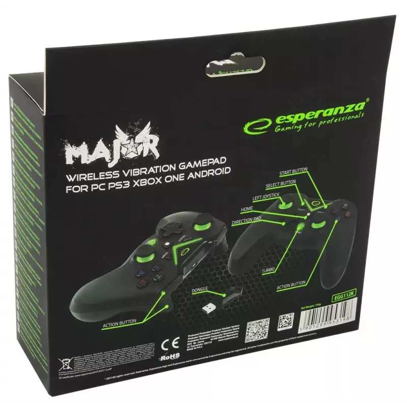 Mando de juegos inalámbrico ESPERANZA EGG112K 2,4 GHz para PC y PS3, receptor USB, negro, 12 botones, sticks analógicos