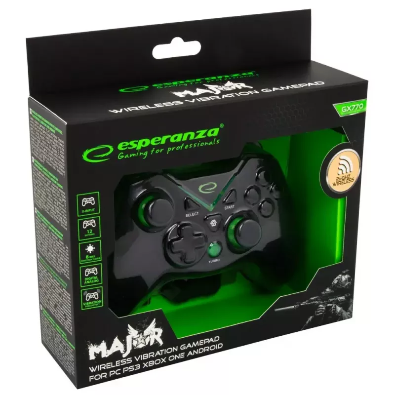 Mando de juegos inalámbrico ESPERANZA EGG112K 2,4 GHz para PC y PS3, receptor USB, negro, 12 botones, sticks analógicos