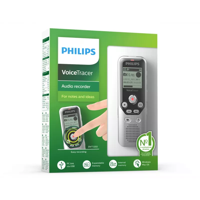 Philips DVT1250 Grabadora de voz memoria interna y tarjeta flash negra, gris
