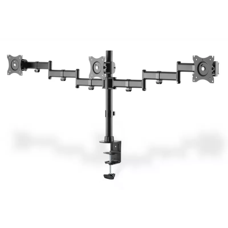 Soporte de pinza de mesa DIGITUS para triple monitor, negro, giro 90 grados, inclinación 45 grados, rotación 360 grados, TFT de 15-27 inch, carga máx. 3x8 kg, VESA máx. 100x100