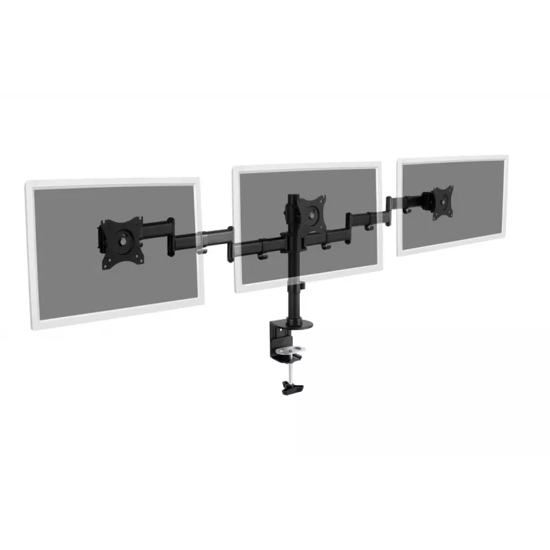 Soporte de pinza de mesa DIGITUS para triple monitor, negro, giro 90 grados, inclinación 45 grados, rotación 360 grados, TFT de 15-27 inch, carga máx. 3x8 kg, VESA máx. 100x100
