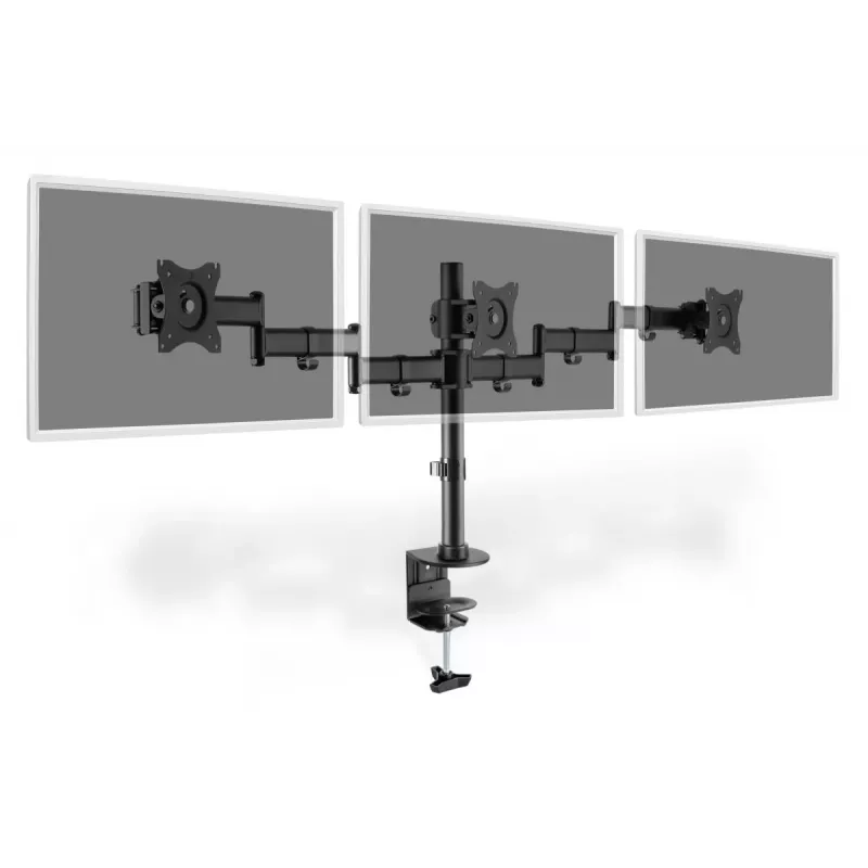 Soporte de pinza de mesa DIGITUS para triple monitor, negro, giro 90 grados, inclinación 45 grados, rotación 360 grados, TFT de 15-27 inch, carga máx. 3x8 kg, VESA máx. 100x100