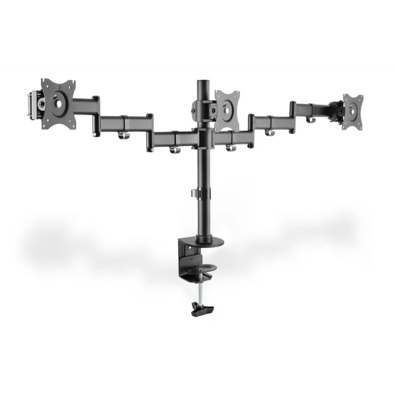 Soporte de pinza de mesa DIGITUS para triple monitor, negro, giro 90 grados, inclinación 45 grados, rotación 360 grados, TFT de 15-27 inch, carga máx. 3x8 kg, VESA máx. 100x100