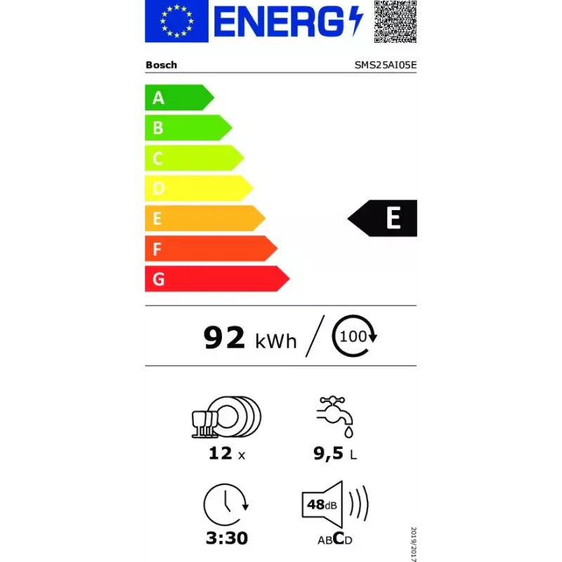 Lavavajillas independiente Bosch SMS25AI05E — totalmente integrable 60 cm, 12 cubiertos, 48 dB, clase energética E