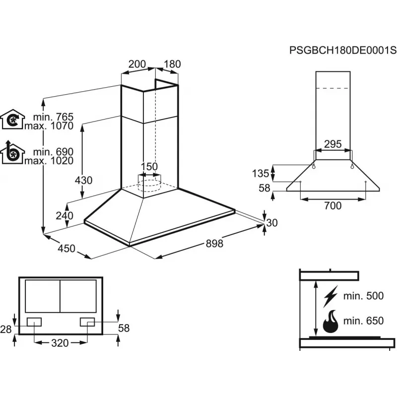 Campana de pared Electrolux LFC319X, acero inoxidable, 898×(69–102)×450 mm, 420 m³/h, 3 niveles, filtro metálico