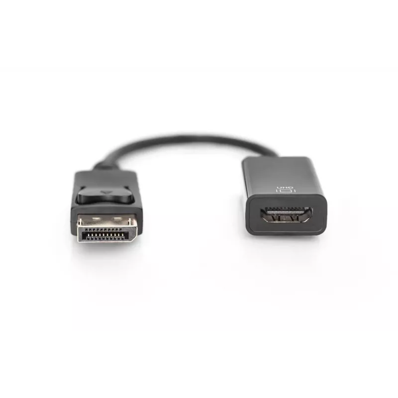 Cable adaptador DisplayPort DIGITUS ASSMANN, DP - HDMI tipo A M/H, 20 cm con bloqueo, HDMI Ver. 2.0, activo, CE, dorado, negro